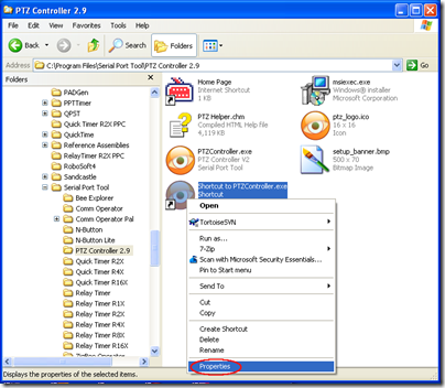 Open Properties of Shortcut to PTZ Controller