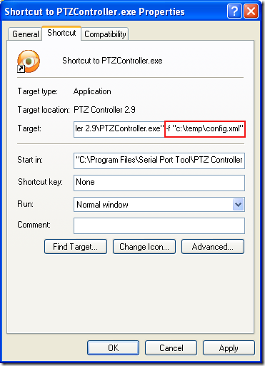 Properties of Shortcut to PTZ Controller