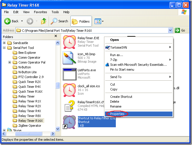 Relay Timer R16X - Shortcut Properties