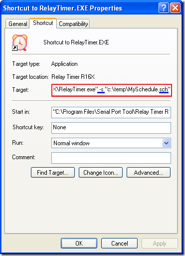 Relay Timer R16X - Shortcut Properties