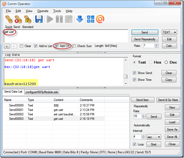 Comm Operator - Chang WiFly Module Baud Rate