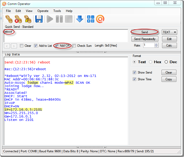 Configure WiFly GSX/EZX Module with Comm Operator