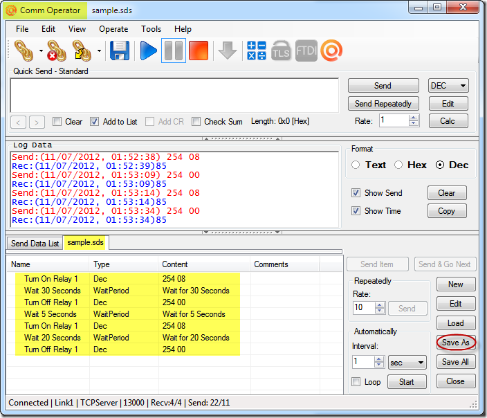 Comm Operator Send Data List