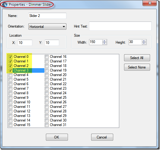 Dimmer Slider Properties