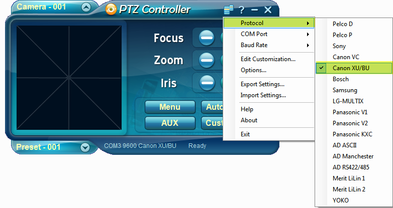 PTZ Controller Canon XU/BU