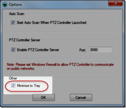 PTZ Controller Options - Minimize to Tray