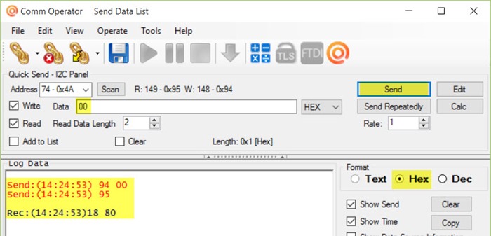 Test I2C Device TMP100 with Comm Operator