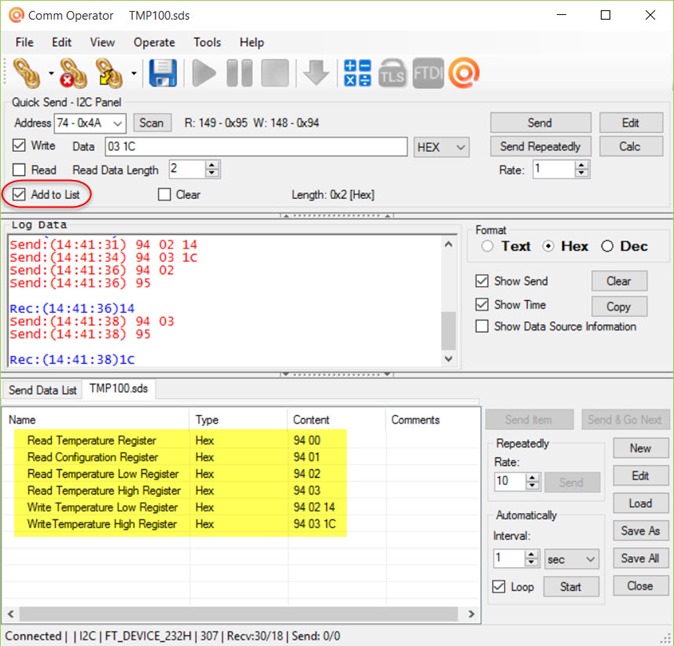 Send Data List for I2C Device TMC100