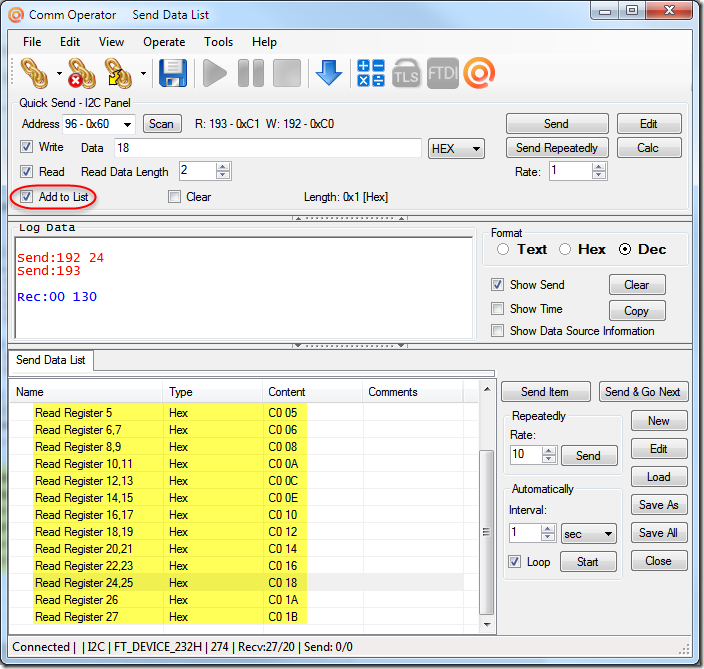 Comm Operator - CMPS11 I2C Send Data List