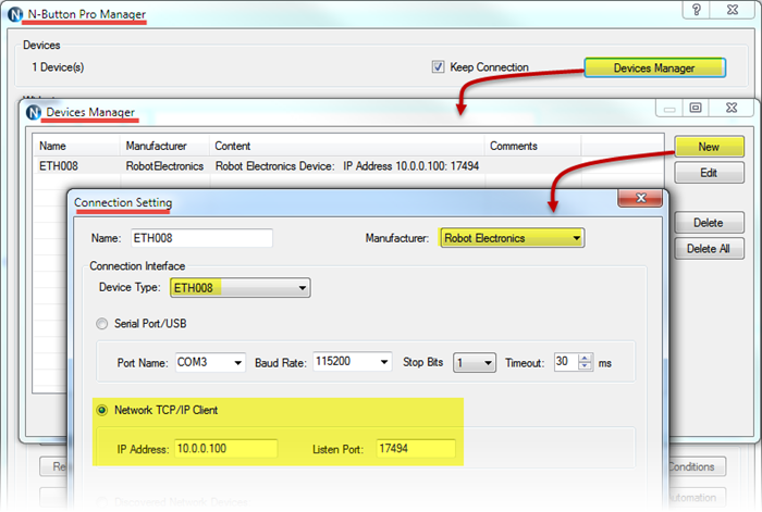 N-Button Add ETH008 Ethernet relay board to Devices Manager