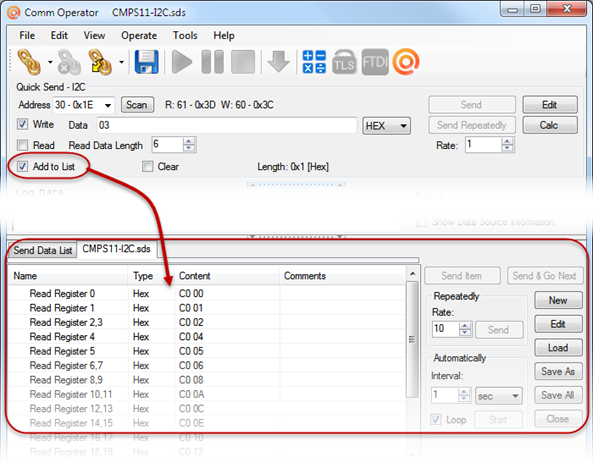 Comm Operator - Add to List -I2C Device Data 