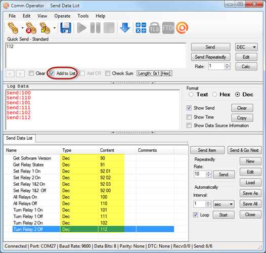 Comm Operator Send Data List USB-RLY02