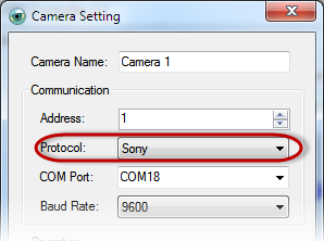 PTZ Controller - Camera Setting - Sony Protocol