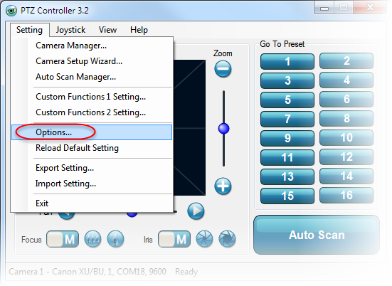 PTZ Controller - Menu - Options