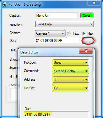 PTZ Controller - Sony VISCA Protocol Menu On