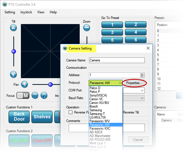 PTZ Controller - Panasonic AW protocol