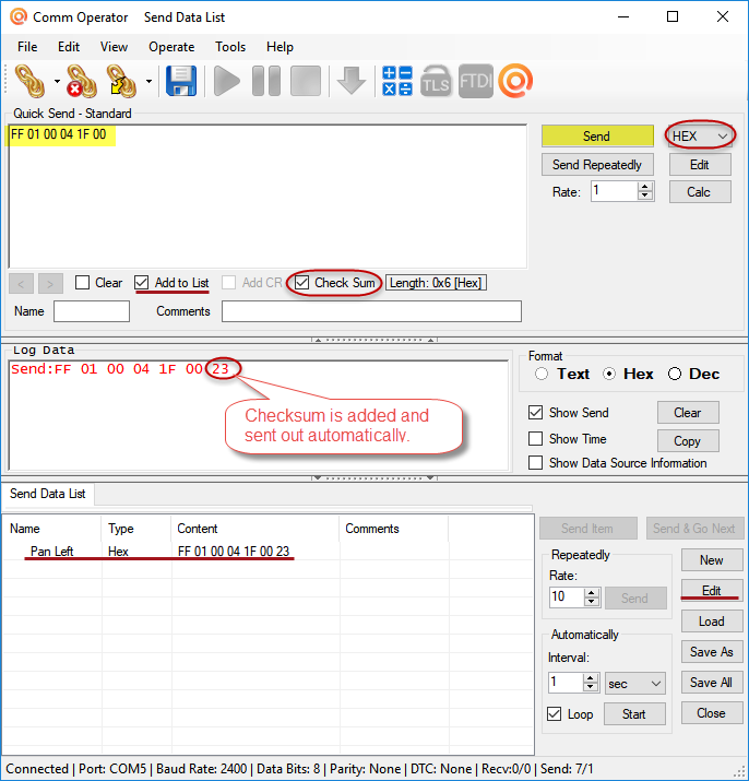 Comm Operator - Send Data with Check Sum