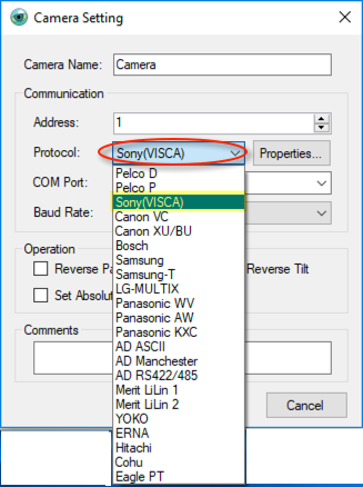 PTZ Controller - Sony VISCA Protocol