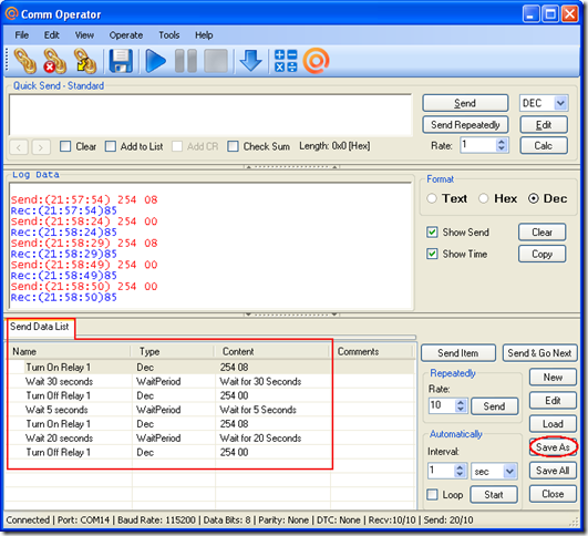 Comm Operator - Send Data List