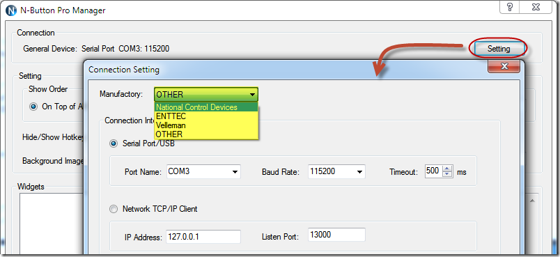 N-Button Pro Manager Connection Setting