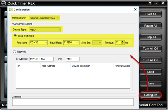 Quick Timer R8X Software - Configuration - ProXR Relay Board