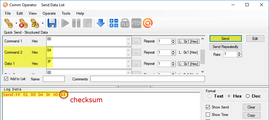 Comm Operator - Quick Send - Structured Data - Pelco D Command - Checksum